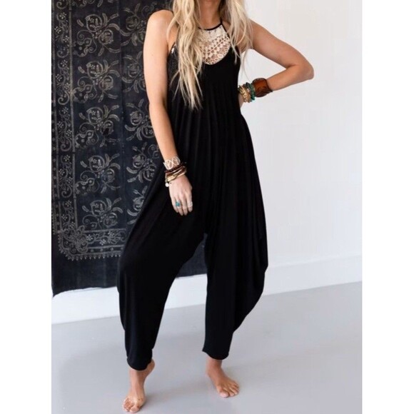 Three Bird Nest Pants - Three Bird Nest Harem Jumpsuit Women’s Black Boho Oversized Romper Size Small
